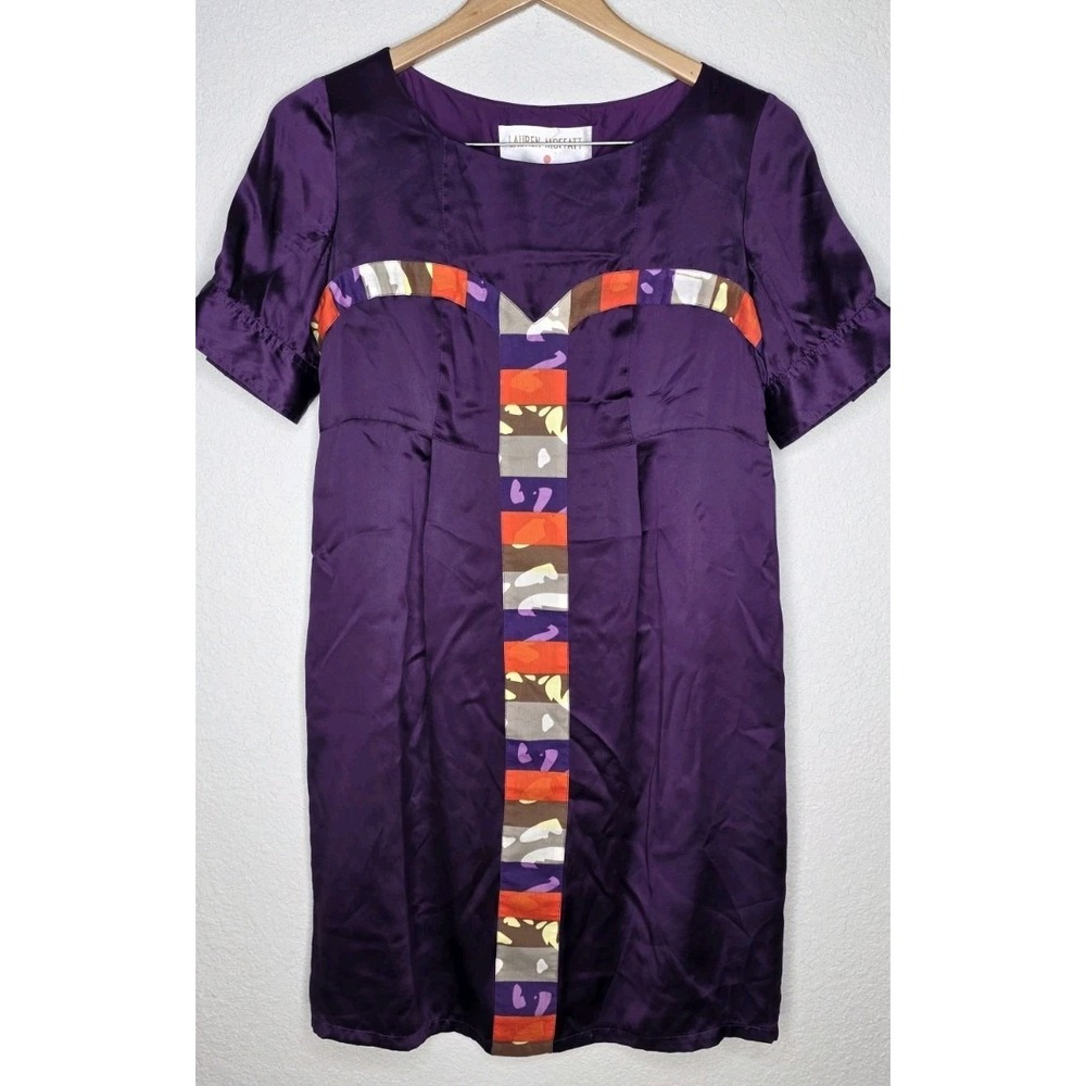 Lauren Moffatt Dress Women 6 Shift Colorblock Smocked Silk Purple Satin